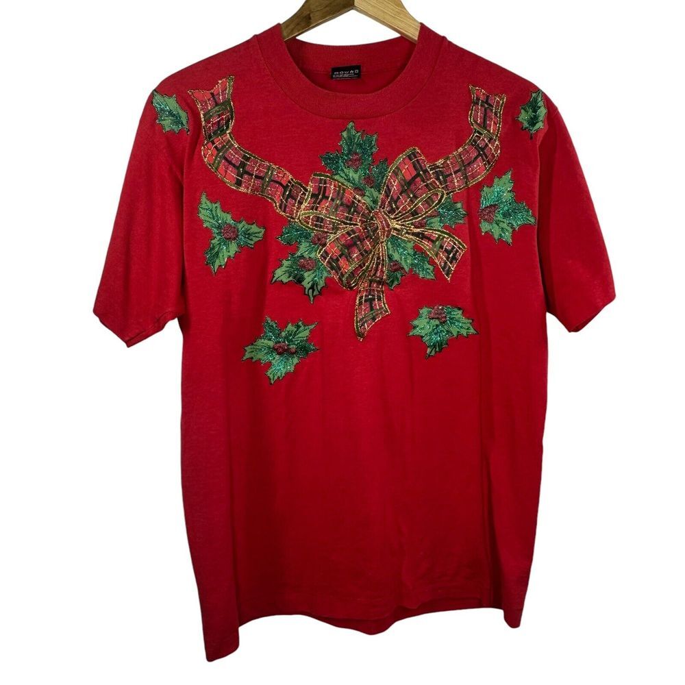 Fruit of the Loom Vintage L Christmas Shirt - Red Plaid Ribbon Bow - Made in USA